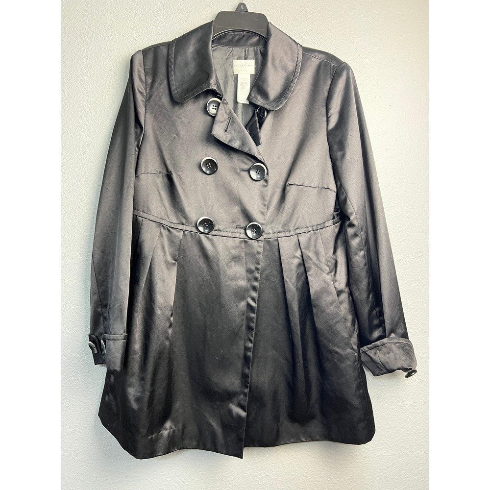 Emma James Petite Black Satin Double Breasted Trench Coat Jacket Size 14P